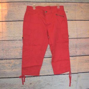 Bright Red Capri Cargo Pants Cotton Blend Button Waist 14 L Faded Glory